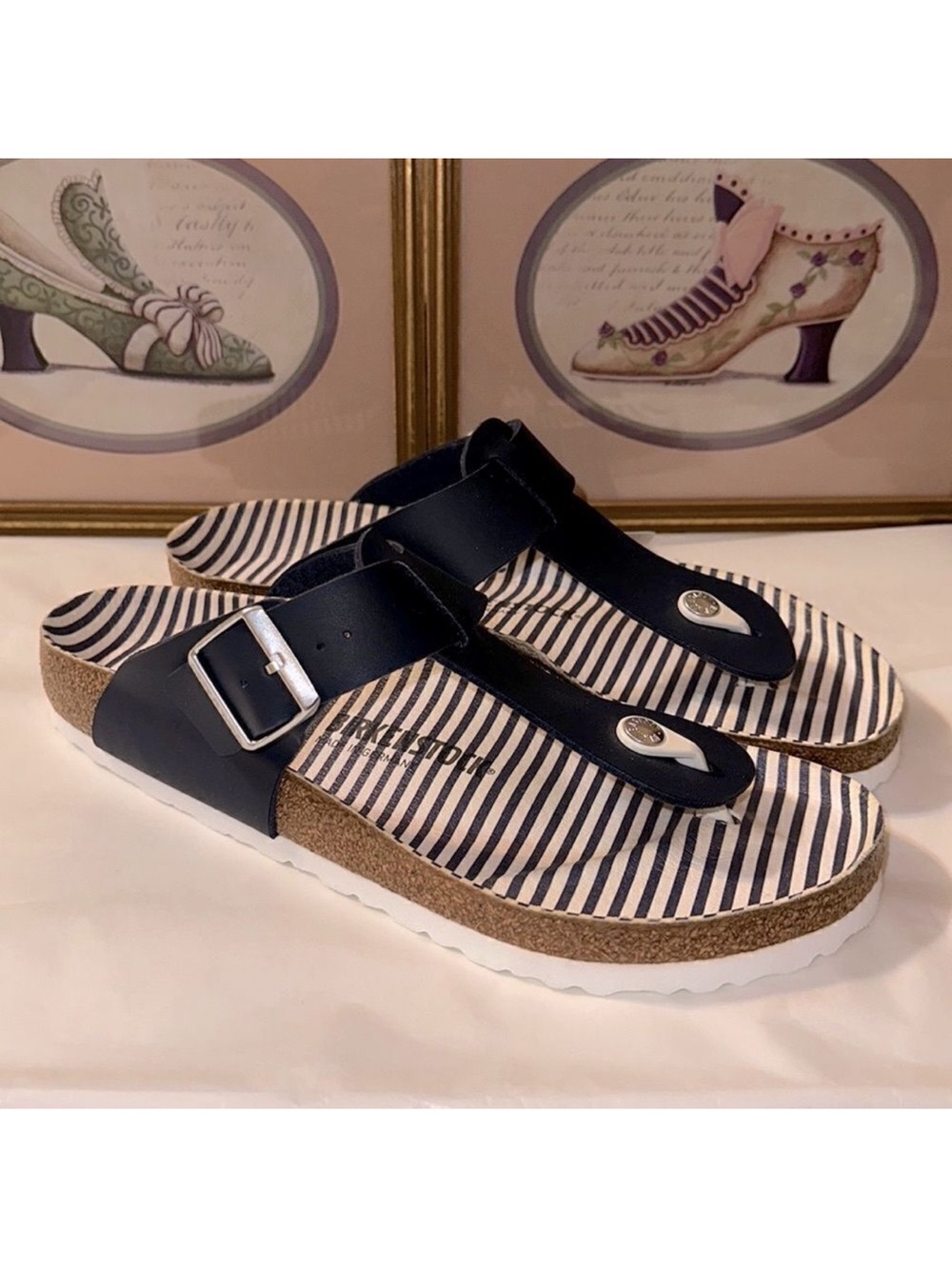 Birkenstock 11 Gizeh Nautical Stripes Navy White Thong Buckle Sandals